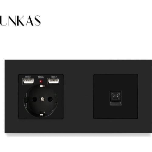 UNKAS PC Plastic Panel EU Standard Electric Socket with 2 USB Charge Port + 1 Gang RJ11 2 Core Telephone Connector 172*86mm
