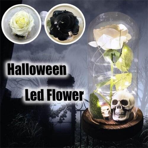 Halloween Gift Glass Cover Black Rose Gift Valentines Day Creative Gift Immortal Bouquet Skull Ornament Home Decoration