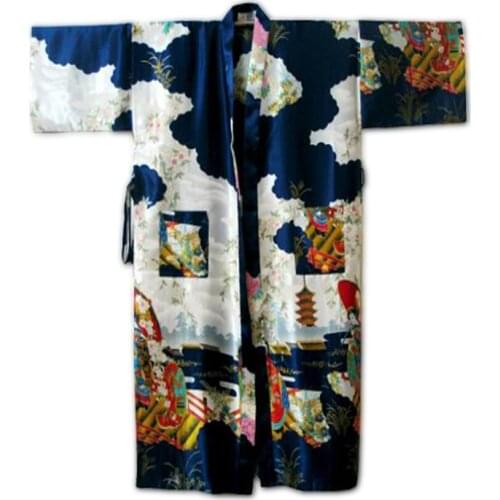 Sexy Navy Blue Chinese Womens Silk Rayon Robe Kimono Bath Gown Flowers S M L XL XXL XXXL Free Shipping S0015