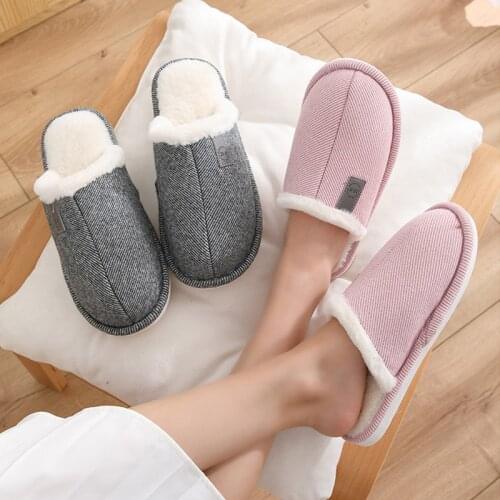 Female Winter Slippers Plush Warm Anti-Slip Wearable Men Women Couples Shoes Stripe Indoor Bedroom Home Ladies Cotton Slippers