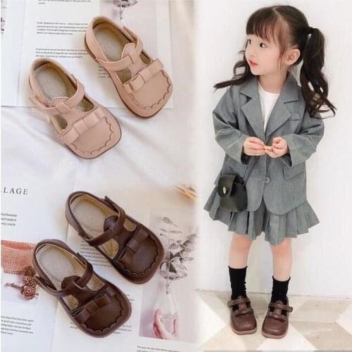 2021 Girls Pu Leather bow Fashion soft sole square toe Shoes Autumn Solid Color Princess Baby Dancing Princess shoes Size 21-30