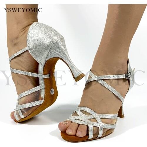 Women Latin Dance Shoes Silver Slim Glitter Bachata Salsa Dancing Shoes High Heel 9cm Ballroom Dance shoes Girls Dance Sandal