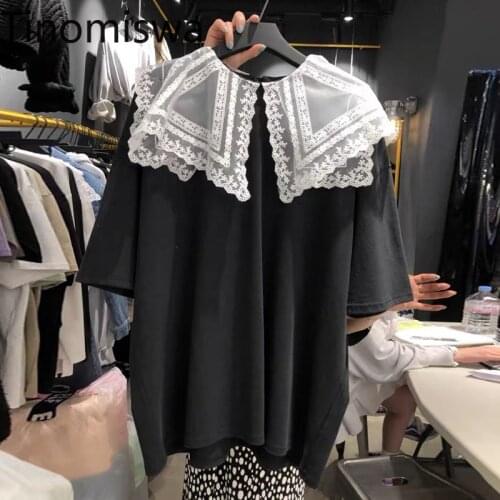 Tinomiswa Lace Patchwork Peter Pan Collar Short Sleeve T Shirt Women New 2021 Summer Clothes Contrast Color Casual Loose Tshirt