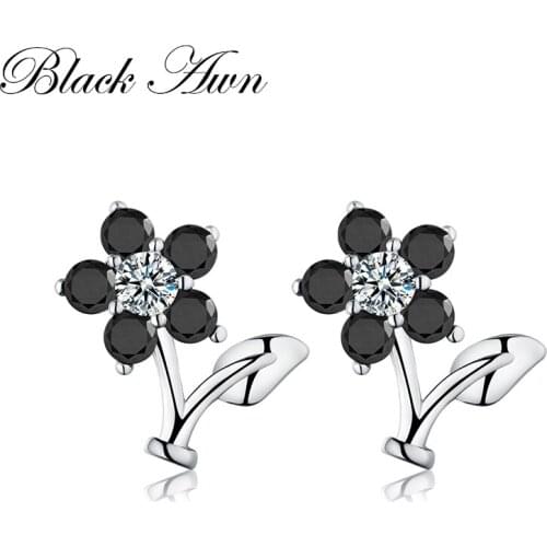 [BLACK AWN] 100% Genuine 925 Sterling Silver Jewelry Flower Black Spinel Wedding Stud Earrings for Women Silver 925 Jewelry T033