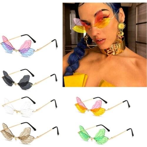 831A Party Decorative Costume Eyewear Novel Women Rimless Dragonfly Wing Sunglasses Double Colors Rimless Shades