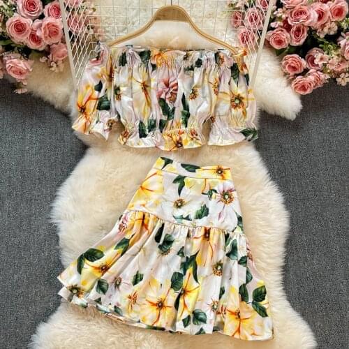 Amolapha Women Beach Style Holiday 2PCS Suit Slash Neck Off Shoulder Short Crop Tops+High Waist Printed Skirt Sets Female Outfit