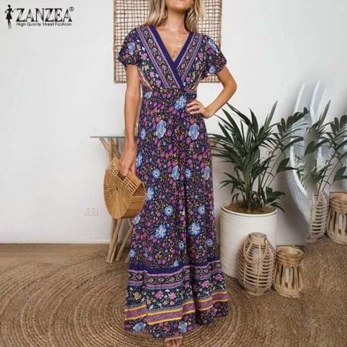 ZANZEA Summer Bohemian Sundress Women Vintage V Neck Short Sleeve Split Vestidos Kaftan Holiday Floral Printed Long Maxi Dress