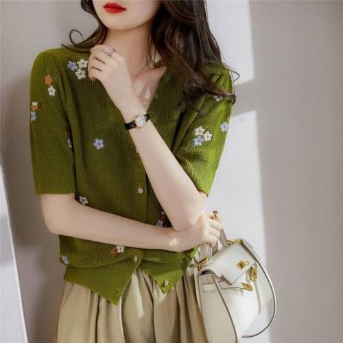 Womens 2021 Knit Cardigan Summer Comfortable Single-Breasted Short Sleeve Female Coat Casual V-neck Ice silk Ladies Overcoat