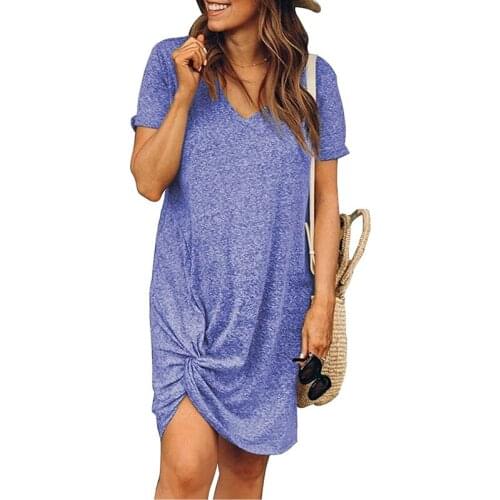 Women V Neck Short Sleeve Knotted Side Solid Color Loose Vintage Dress for Summer Beach A66