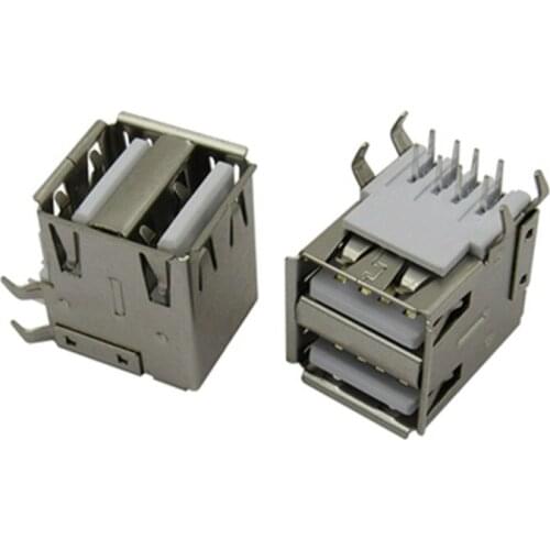 100PCS Double USB femlae connector type A 4pin sockets data charging PCB MOUNT Soldering Right Angle 90Degree ROHS Free shipping