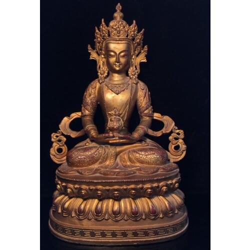 14"Chinese temple collection Old Bronze Cinnabar Lacquer Longevity Buddha Sitting Buddha Lotus Terrace Ornaments Town House