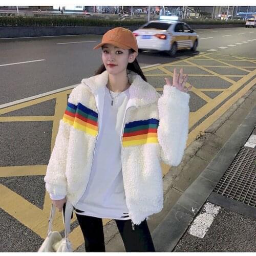 2021 Autumn Winter Thickened Lamb Wool Coat Women Loose Coats Korean Harajuku Clothing Tops Rainbow Stripes Clothing Plus Size