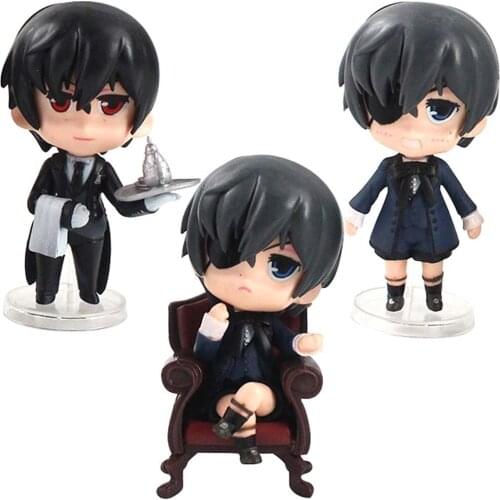 3pcs/Set 10cm Black Butler Anime Sebastian Michaelis Ciel Phantomhive Sit on the Chair Kawaii PVC Action Figure Mini Model Toys