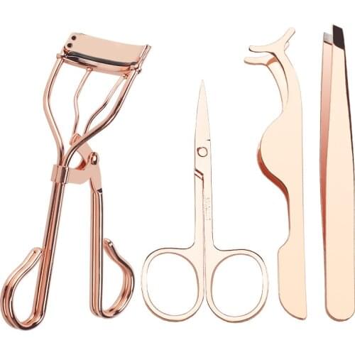 4Pcs/lot Rose Gold Eye Lashes Stainless Steel Makeup Set Eyelash Curler Eyebrow Tweezers Scissors False Eyelash Applicator