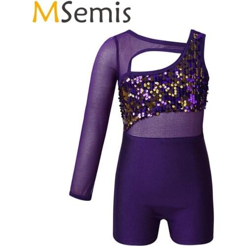 MSemis Ballerine Ballet Dance Costume One Mesh Sleeve Sequins Cut Out Gymnastics Leotard for Girls Ice Figure Skating Jumpsuit
