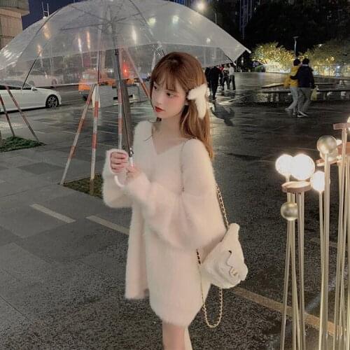 White Mohair Thicken Sweater Autumn Winter Sweet Fashion V-Neck Lantern Sleeve Casual Solid Pullover Mink Cashmere Sweater Dress