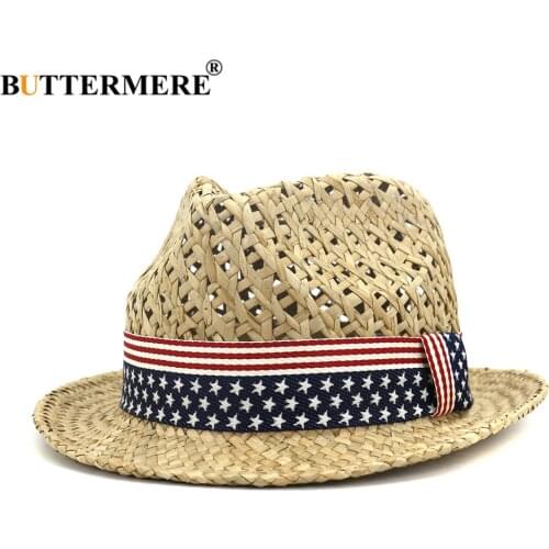 BUTTERMERE Straw Jazz Hat Men Sun Hat Trilby Womens Summer Hats Male Female British Five star Beach Holiday Seaside Porkpie