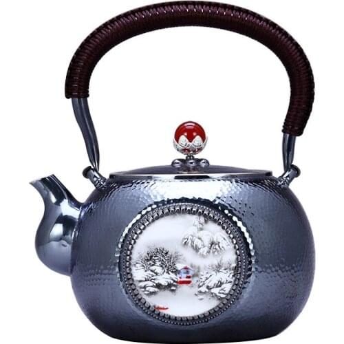 Teapot, kettle, hot water teapot, iron teapot, stainless steel kettle, tea bowl, 1100ml capacity, handmade S999 sterling silver