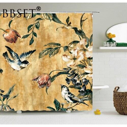 Floral Theme Shower Curtain Birds Flying In The Flowers Pattern Waterproof Multi-size Douchegordijn Bathroom Decor with Hooks