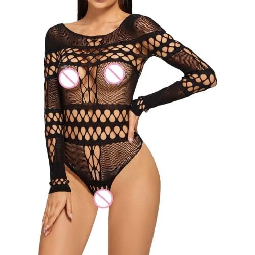 Women Hollow Out Fishnet Bodysuit Clubwear Nightwear Transparent Swimsuit Sexy See-through Mesh Long Sleeve Leotard Jumpsuit