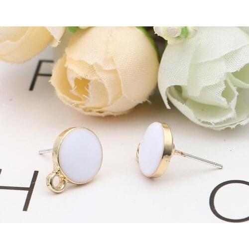 DoreenBeads Zinc Based Alloy Ear Post Stud Earrings Findings Round Gold Color White W/ Loop DIY Charms 13mm x 10mm, 10 PCs