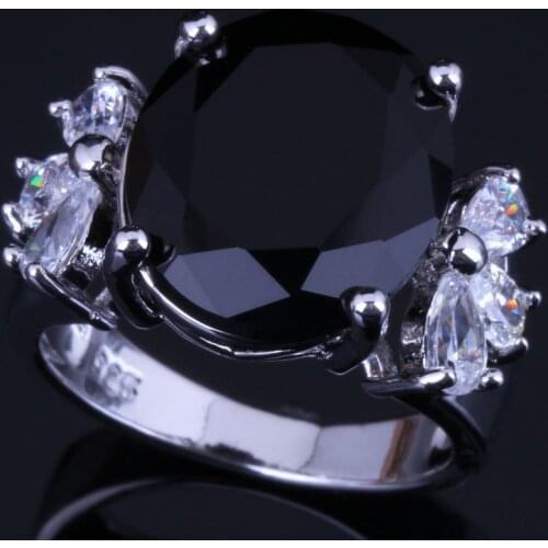 Impressive Oval Black Cubic Zirconia White CZ Silver Plated Ring V0611
