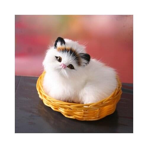 Simulation white cat 11x9cm toy with basket, hard model home decoration Christmas gift h1187