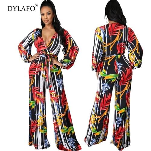Sexy Fashion Jumpsuit For Womens Digital Print Rompers Long-Sleeve V-Neck Wide Legged Pants Stretch Loose Womens Jumpsuit