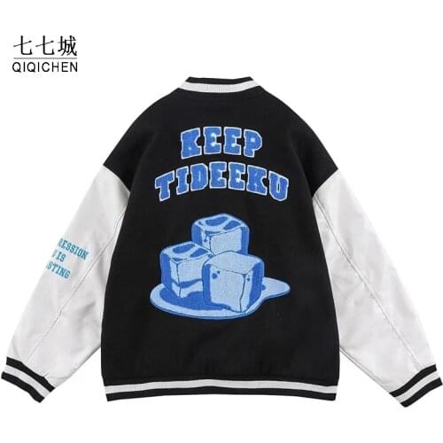 Street College Baseball Varsity Jackets Men Women Furry Ice Cube Letter Flocking Patchwork Harajuku College Jacket Unisex Coats