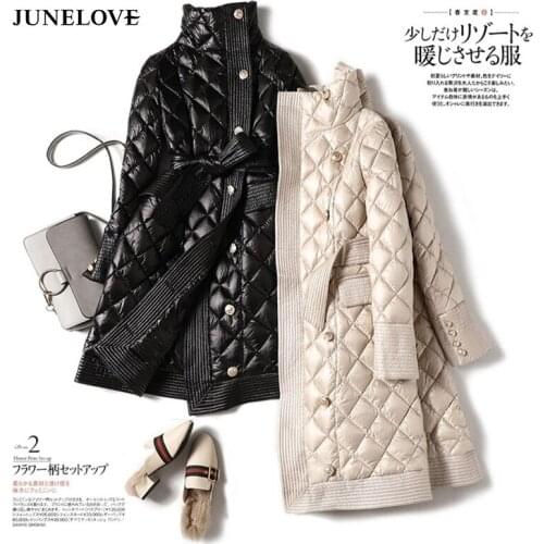JuneLove Mid-Length Women Winter Stand Collar Rhombus Quilting Padded Coat Winter Jacket Women Ropa Mujer Invierno Parkas Coats