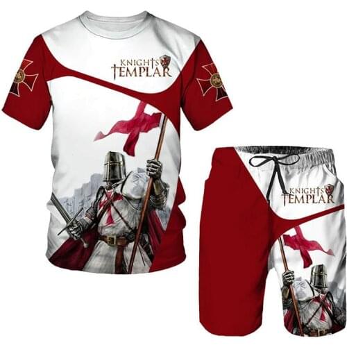 Summer New Neck Short Sleeve Pants Sets Knights Templar 3D Print Casual T-shirt Shorts Suit Breathable T shirt 2-piece set