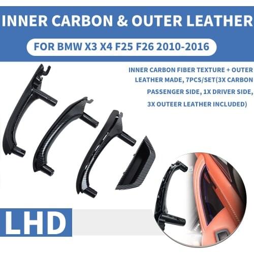 LHD Left Hand Carbon Fiber Black Car Interior Inner Door Pull Handle Trim Cover W/ Outer Leather Full set For BMW X3 X4 F25 F26
