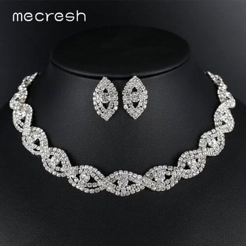 Mecresh Silver Color Rhinestone Bridal Wedding Jewelry Sets for Women Unique Eye Shape Twisted Stud Earrings Necklace Set MTL601