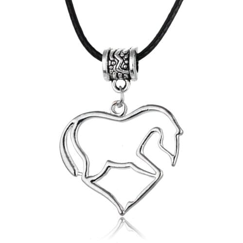 Fashion Heart Alloy Horse Silver Plated Pendant Necklace Rope Leather Chain Women Femme Girls Gift Jewelry Choker Wholesale