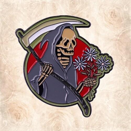 Grim Reaper lord of death skeleton scythe hold a beautiful flower enamel pin ghost brooch No one is more forever alone than him