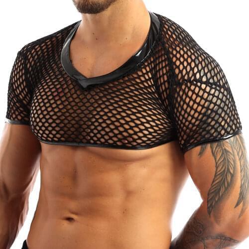 New Men Lingerie Short Sleeves See-through Mesh Patent Leather Fishnet Exotic Tanks Transparent Stretchy Muscle Tank Crop Top