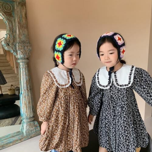 Baby Girls Dresses Autumn 2021 Vintage Floral Robe For Kids Flower Pattern Dress Korean Children Clothing Girls One Piece Frock