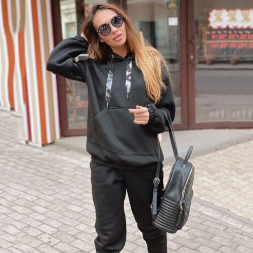Casual Sports Daily Loose Solid Color Fashion Woman Two-piece Hooded Long Sleeve Pullover High Waist Pants Street