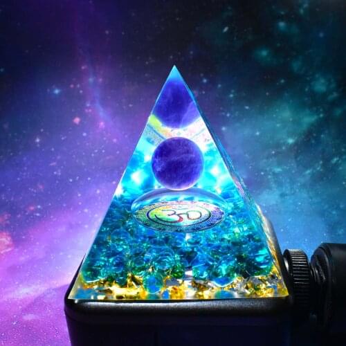 Handmade OHM Amethyst Sphere Blue quartz Orgone Pyramid 60mm