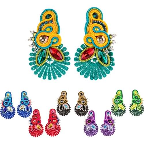 Handmade Soutache Lace Drop earrings for women jewelry Ethnic style Long earring Crystals Fashion Accessories green red black