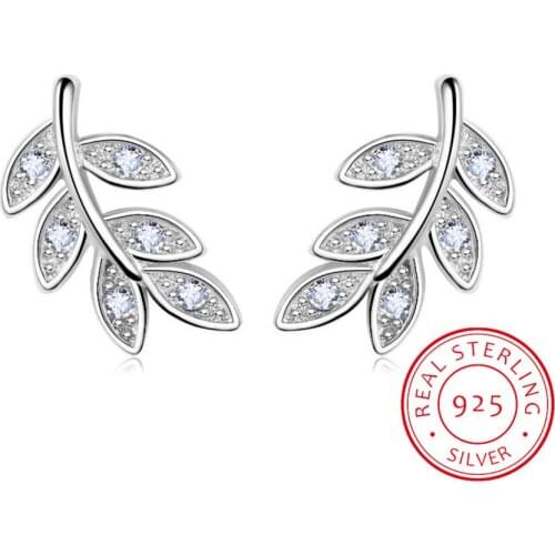 925 Sterling Silver Olive Branch Leaves Stud Earrings Micro Pave Cubic Zirconia For Women Girls Fine Jewelry Brincos