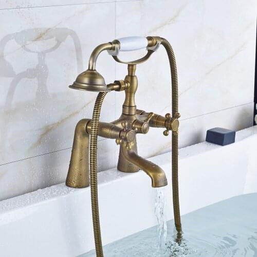 Bathtub Faucets Antique Brass Bathroom Tub Faucet Hand Shower Sprayer Clawfoot Mixer Tap 2 Handles Bathtub Shower Faucet Set
