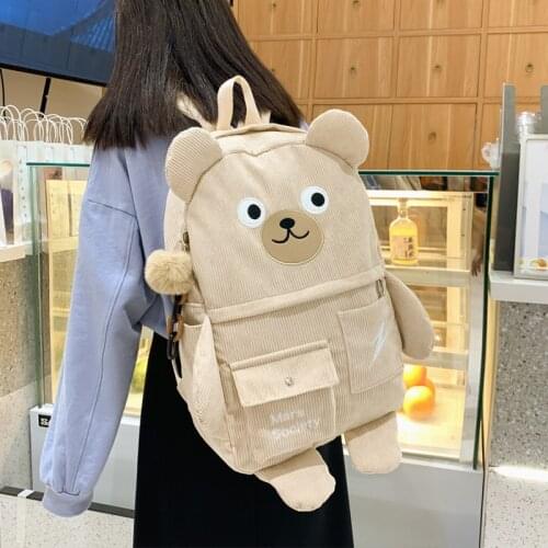 Student Ladies Shoulder Book Bag New Retro Corduroy Backpack Cute Funny Bear Women Backpacks Female Korean Harajuku School Bags