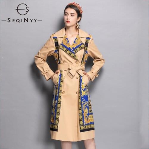 SEQINYY Printed Trench Coat 2018 Autumn Winter New Woman Fashion Size XXL Long Sleeve Slim Double Breasted Casual Tunic Coat