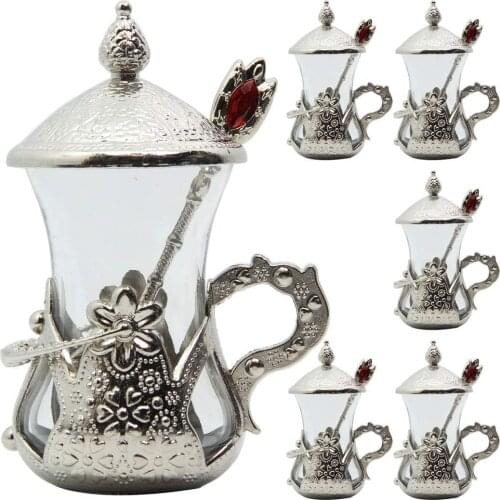 Turkish Tea Cups, Spoons and Saucers Set of 6. Handmade Water Zamzam Serving Glasses Holders Plates. Made in Turkey