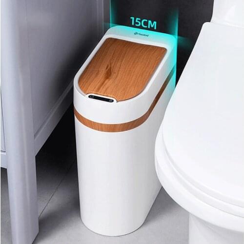 10L Smart Trash Can Narrow Seam Trash Can Imitation Wood Touch Free Automatic Sensor Trash Bin For Household Bathroom