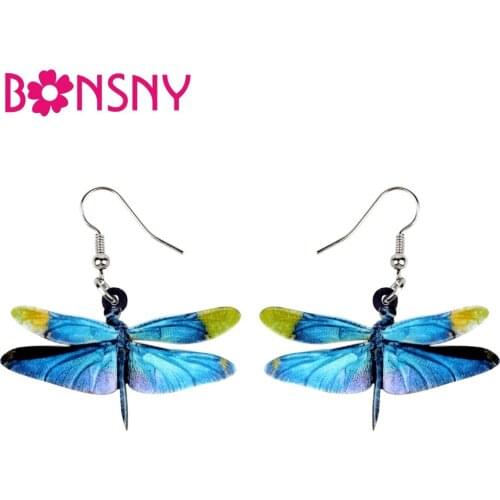 Bonsny Acrylic Cartoon Blue Dragonfly Earrings Big Long Dangle Drop Fashion Insect Jewelry For Women Girls Teens Accessory Bulk