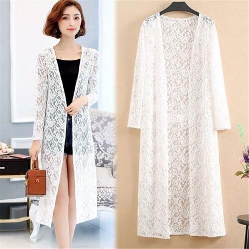 2021 Korean Floral Lace Women Sweater Cardigan Sheer Plus Size 5XL Solid Open Front Long Elegant Summer Beach Cover Up Cardigan