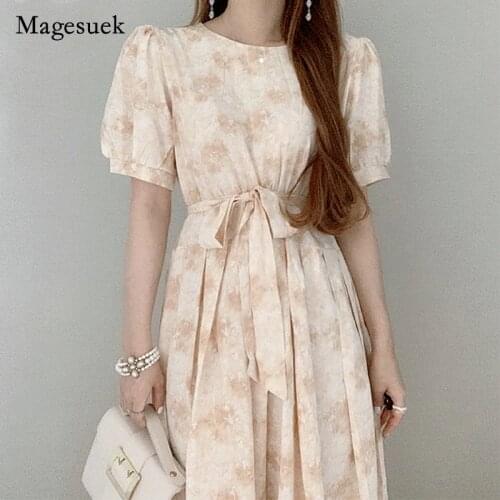 2021 Women Midi Long Dress Chic Puff Short Sleeve Summer Dress New High Waist Belt Floral Print Dresses Vestido Feminino 14721