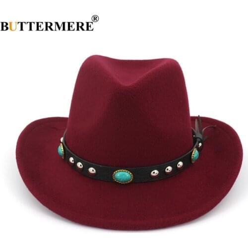 BUTTERMERE Women Men Burgundy Wool Chapeu Western Cowboy Hat Gentleman Jazz Sombrero Hombre Cap Elegant Lady Cowgirl Hats